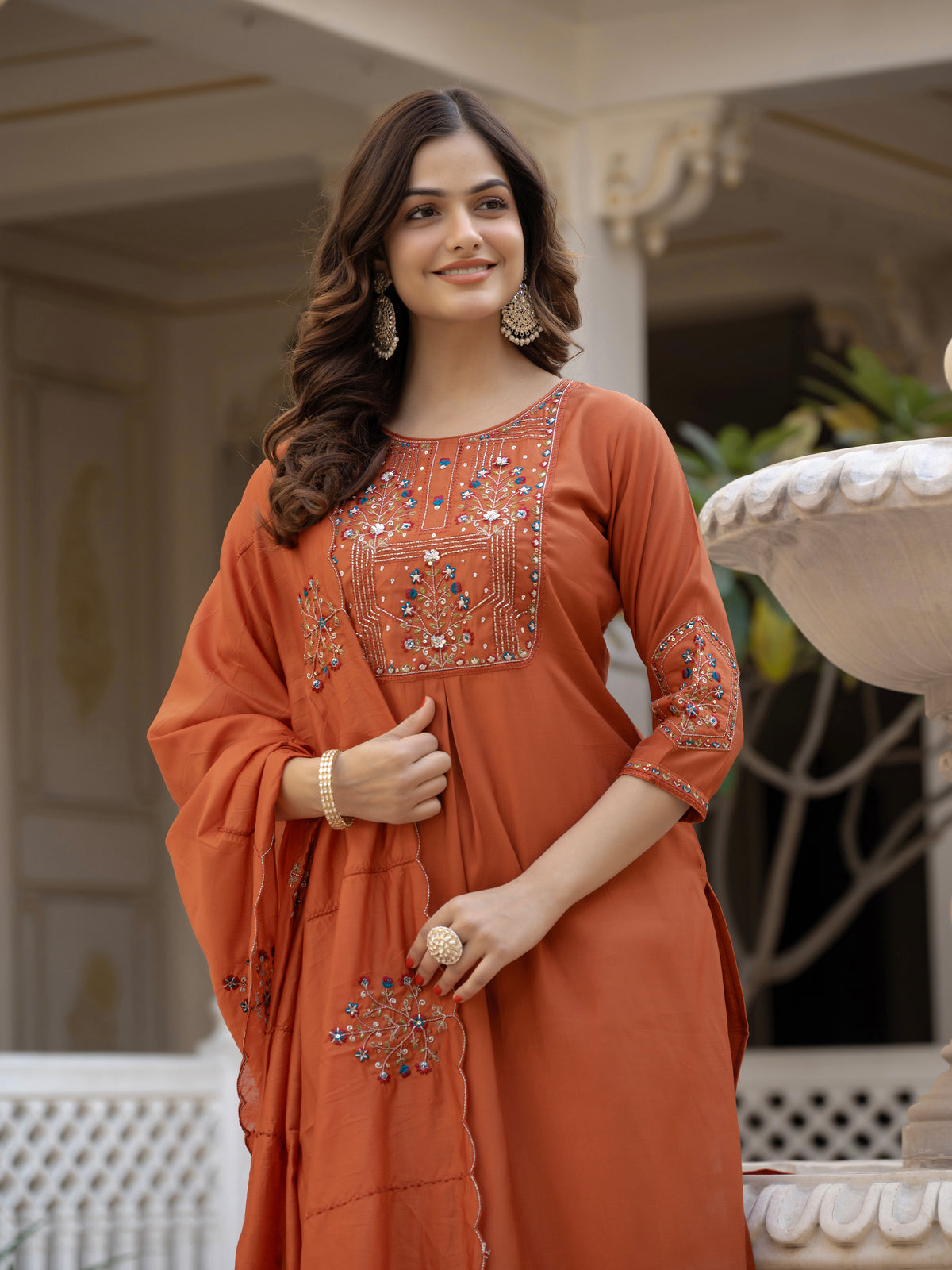 Rust Viscose Mango Silk Embroidered Kurti Set