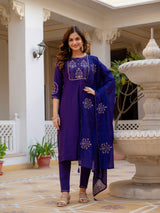 Violet Viscose Mango Silk Embroidered Kurti Set