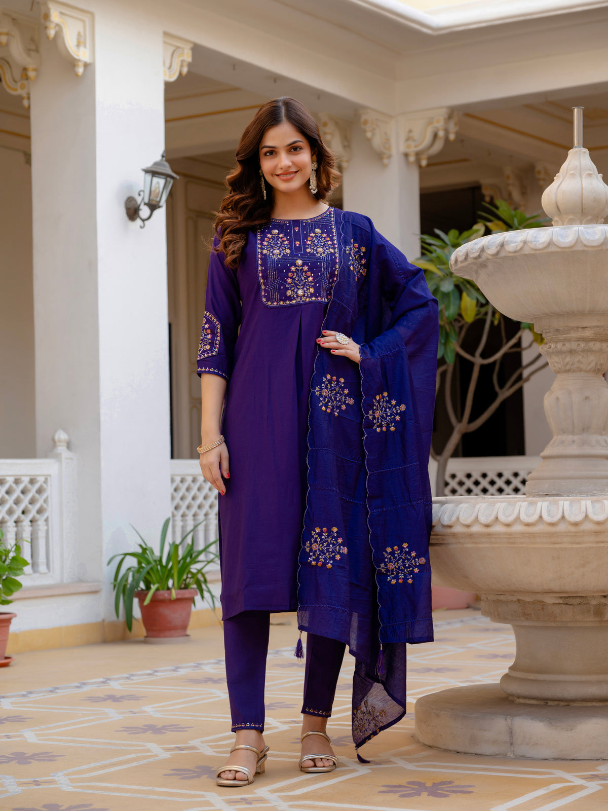 Violet Viscose Mango Silk Embroidered Kurti Set