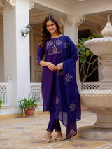 Violet Viscose Mango Silk Embroidered Kurti Set