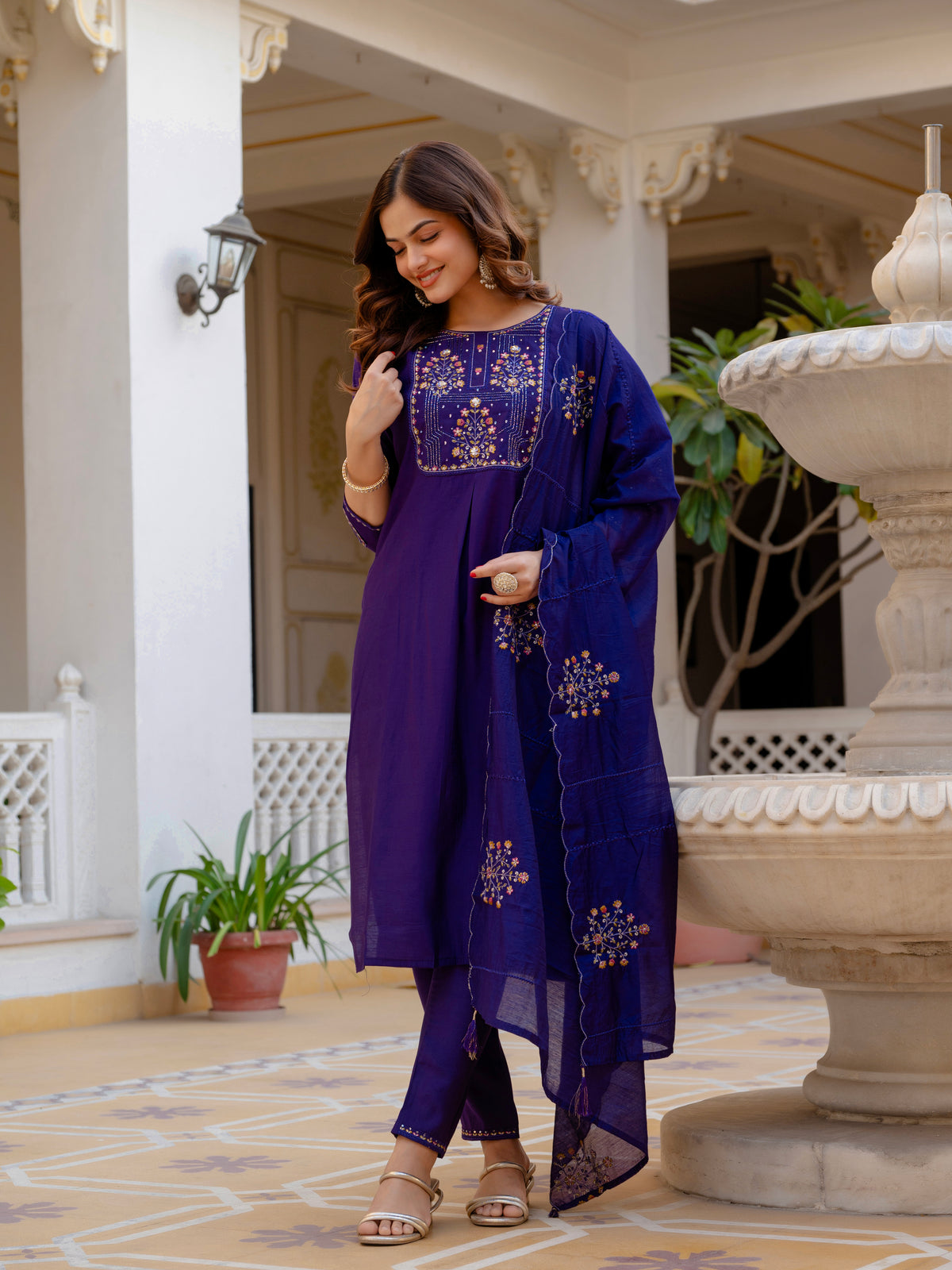 Violet Viscose Mango Silk Embroidered Kurti Set