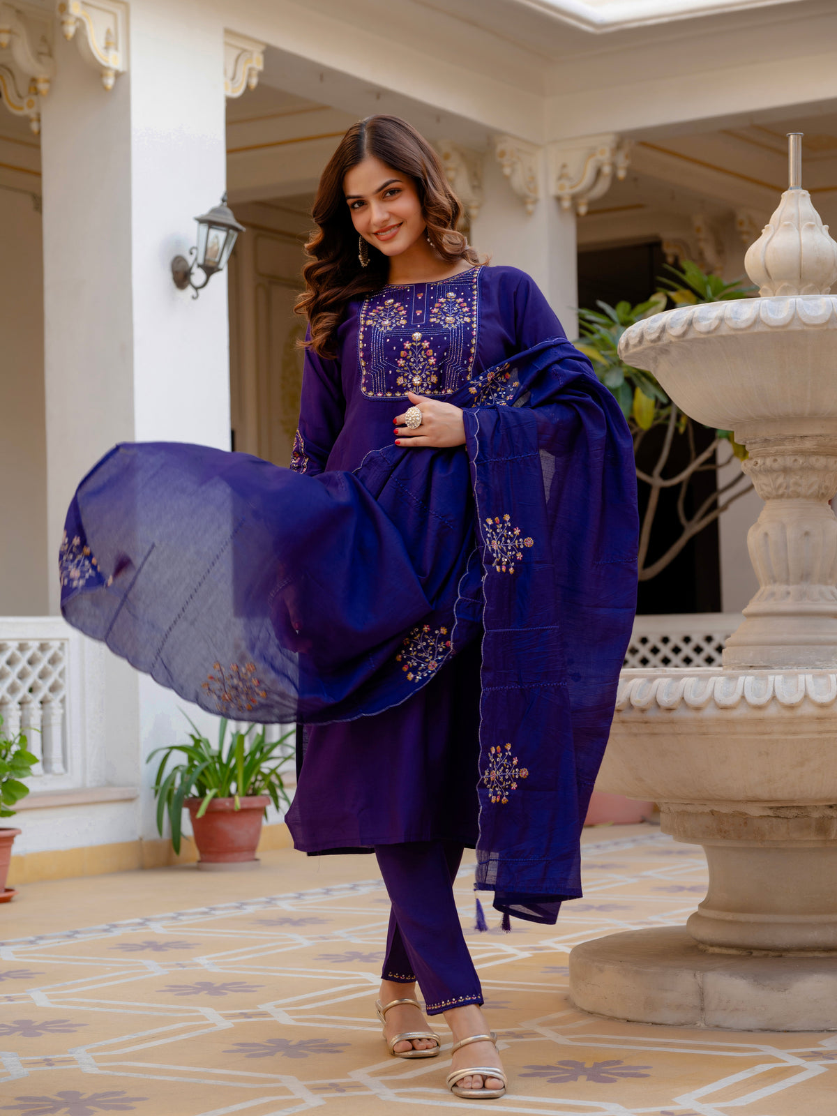 Violet Viscose Mango Silk Embroidered Kurti Set