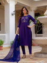 Violet Viscose Mango Silk Embroidered Kurti Set