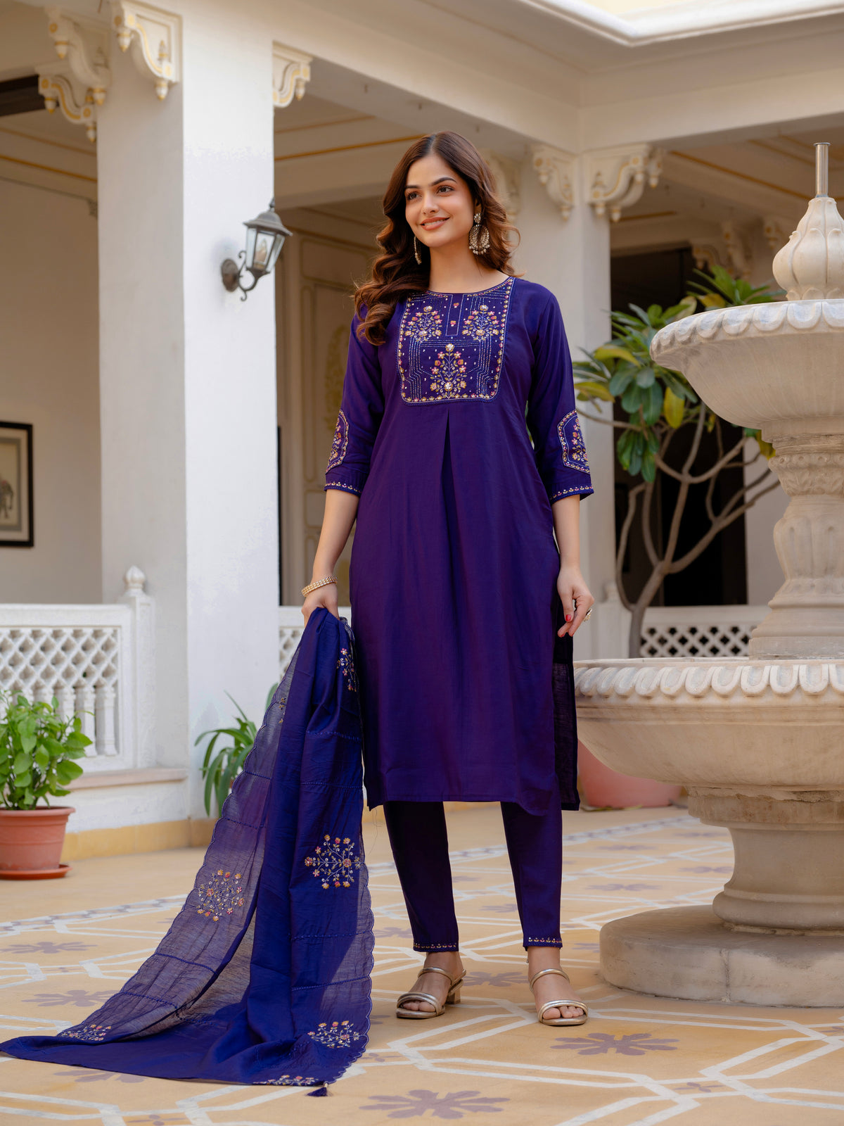 Violet Viscose Mango Silk Embroidered Kurti Set