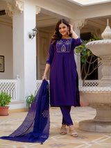 Violet Viscose Mango Silk Embroidered Kurti Set