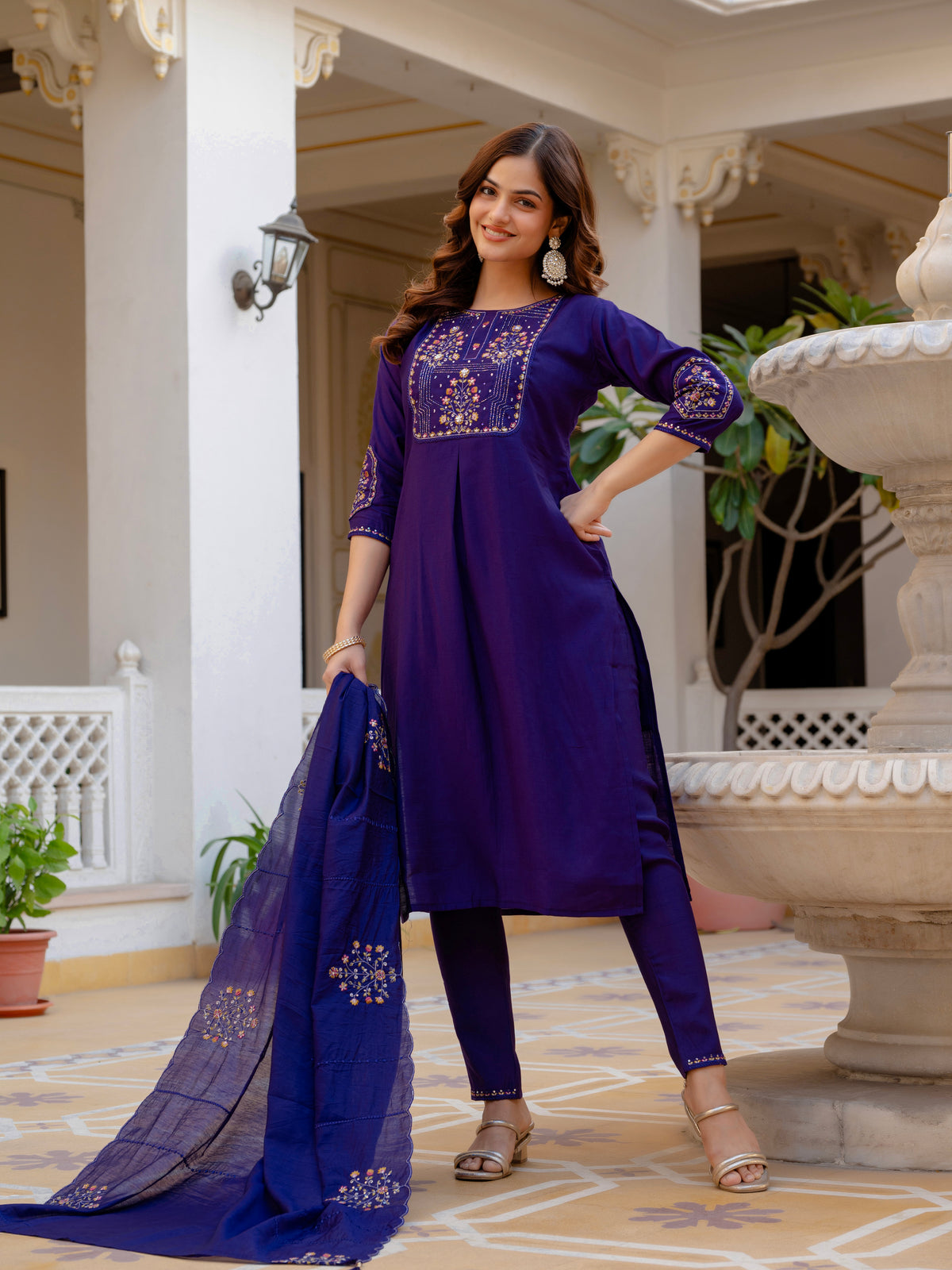 Violet Viscose Mango Silk Embroidered Kurti Set