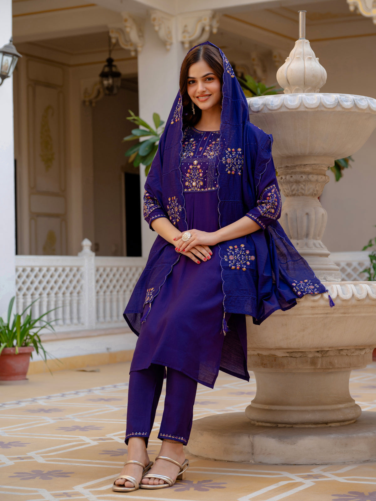 Violet Viscose Mango Silk Embroidered Kurti Set