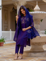 Violet Viscose Mango Silk Embroidered Kurti Set