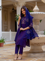 Violet Viscose Mango Silk Embroidered Kurti Set