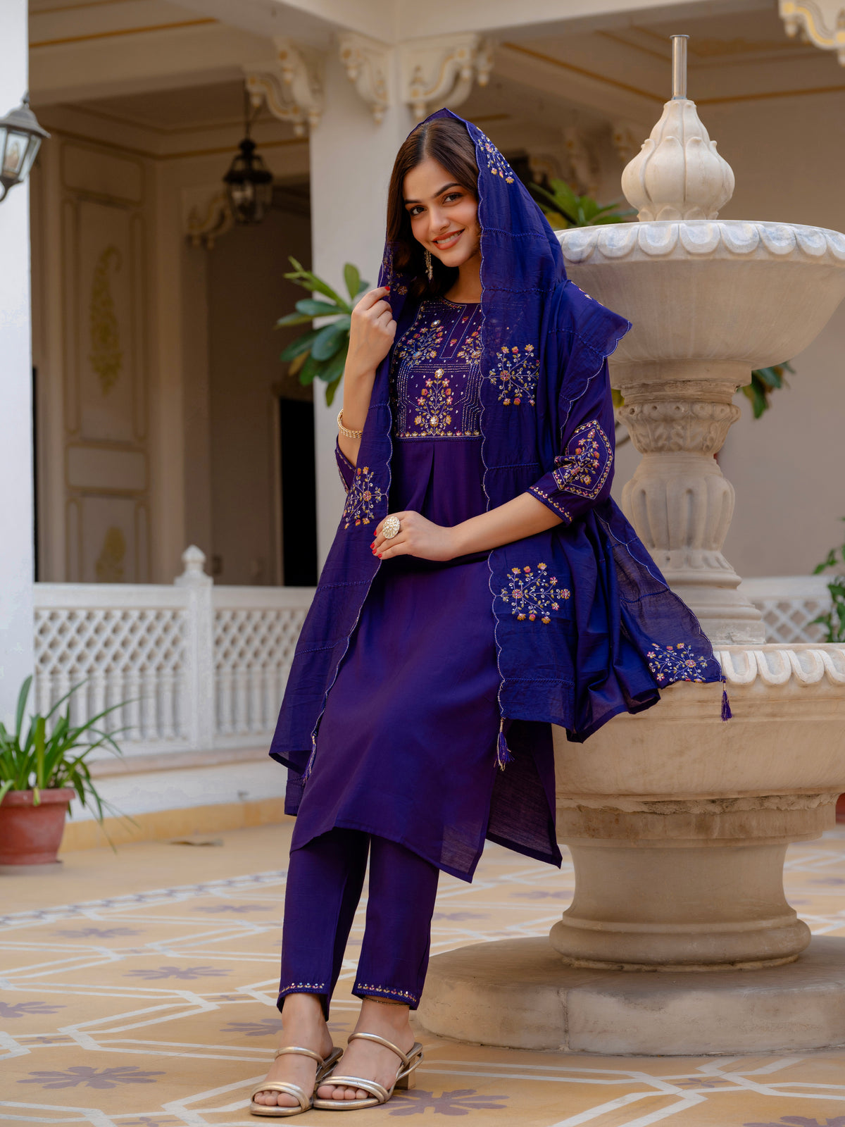 Violet Viscose Mango Silk Embroidered Kurti Set