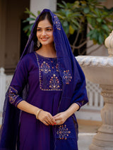 Violet Viscose Mango Silk Embroidered Kurti Set