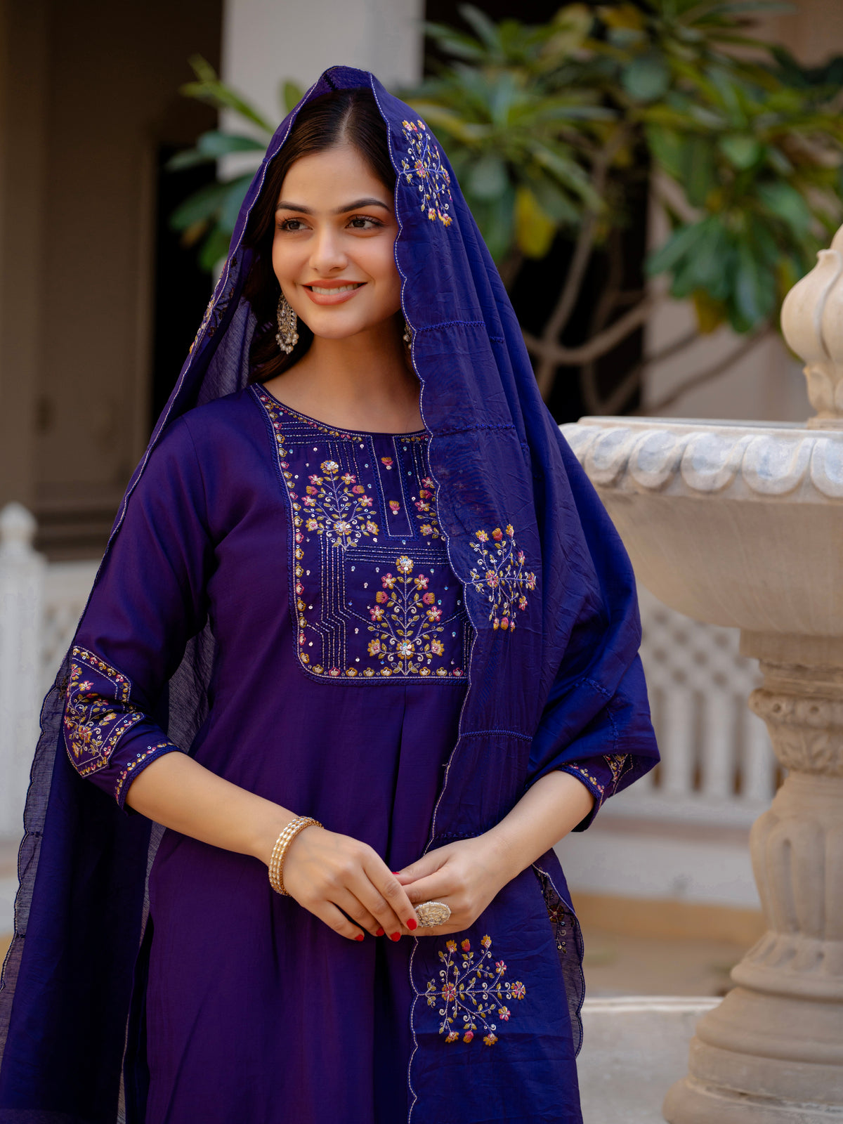 Violet Viscose Mango Silk Embroidered Kurti Set