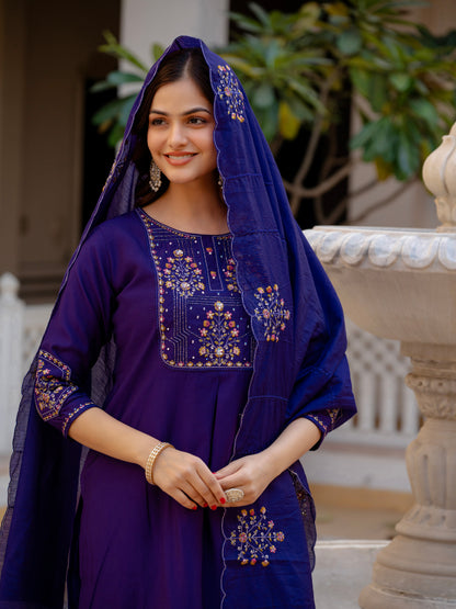 Violet Viscose Mango Silk Embroidered Kurti Set