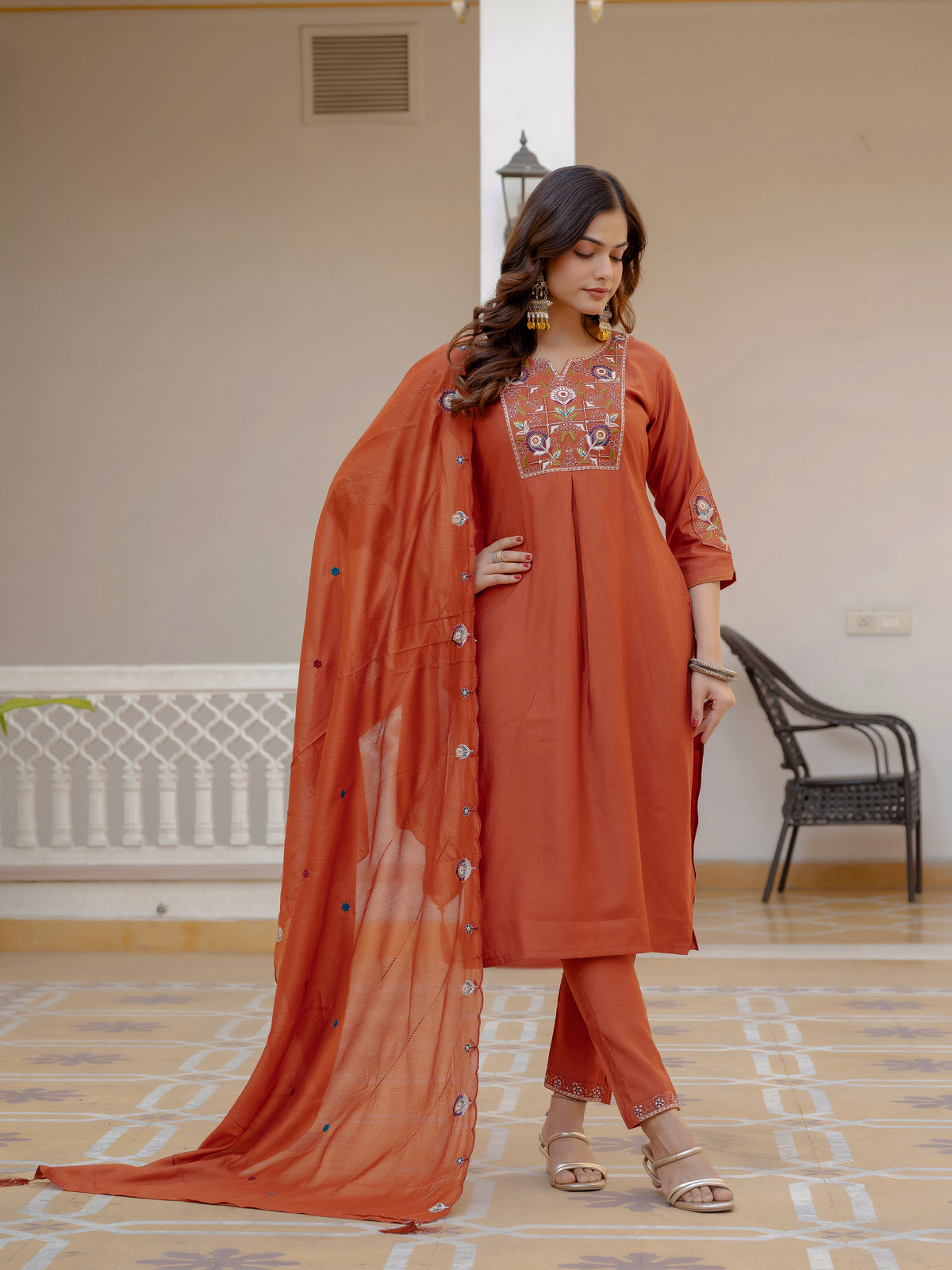 Rust Orange Viscose Mango Silk Embroidered Kurti Set