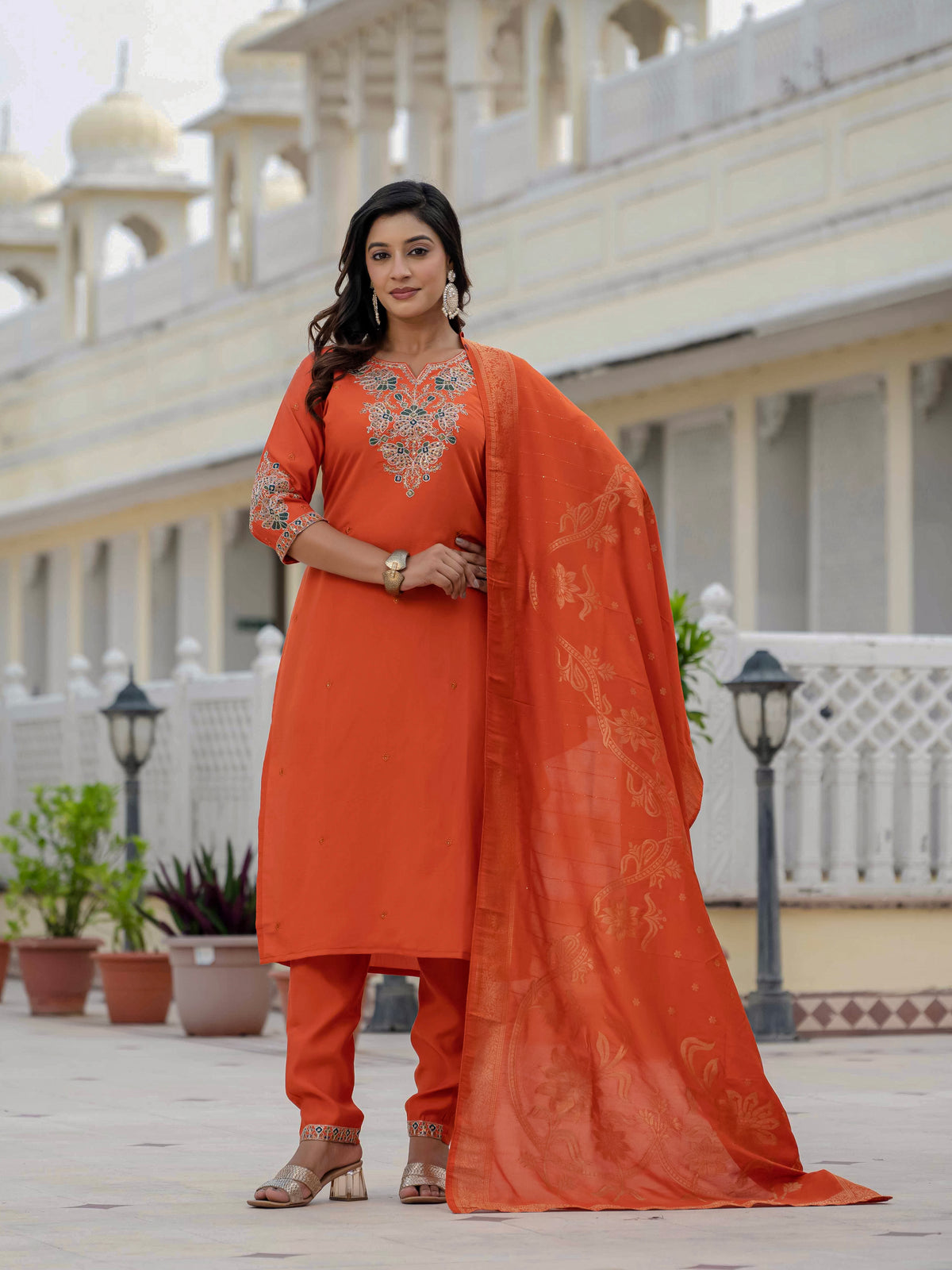 Luxury Orange Premium Roman Silk Suit Set
