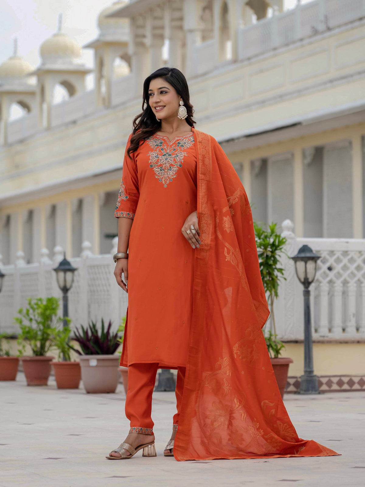 Luxury Orange Premium Roman Silk Suit Set