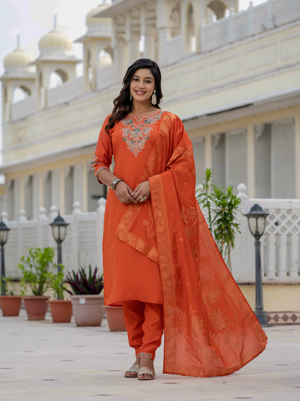 Luxury Orange Premium Roman Silk Suit Set