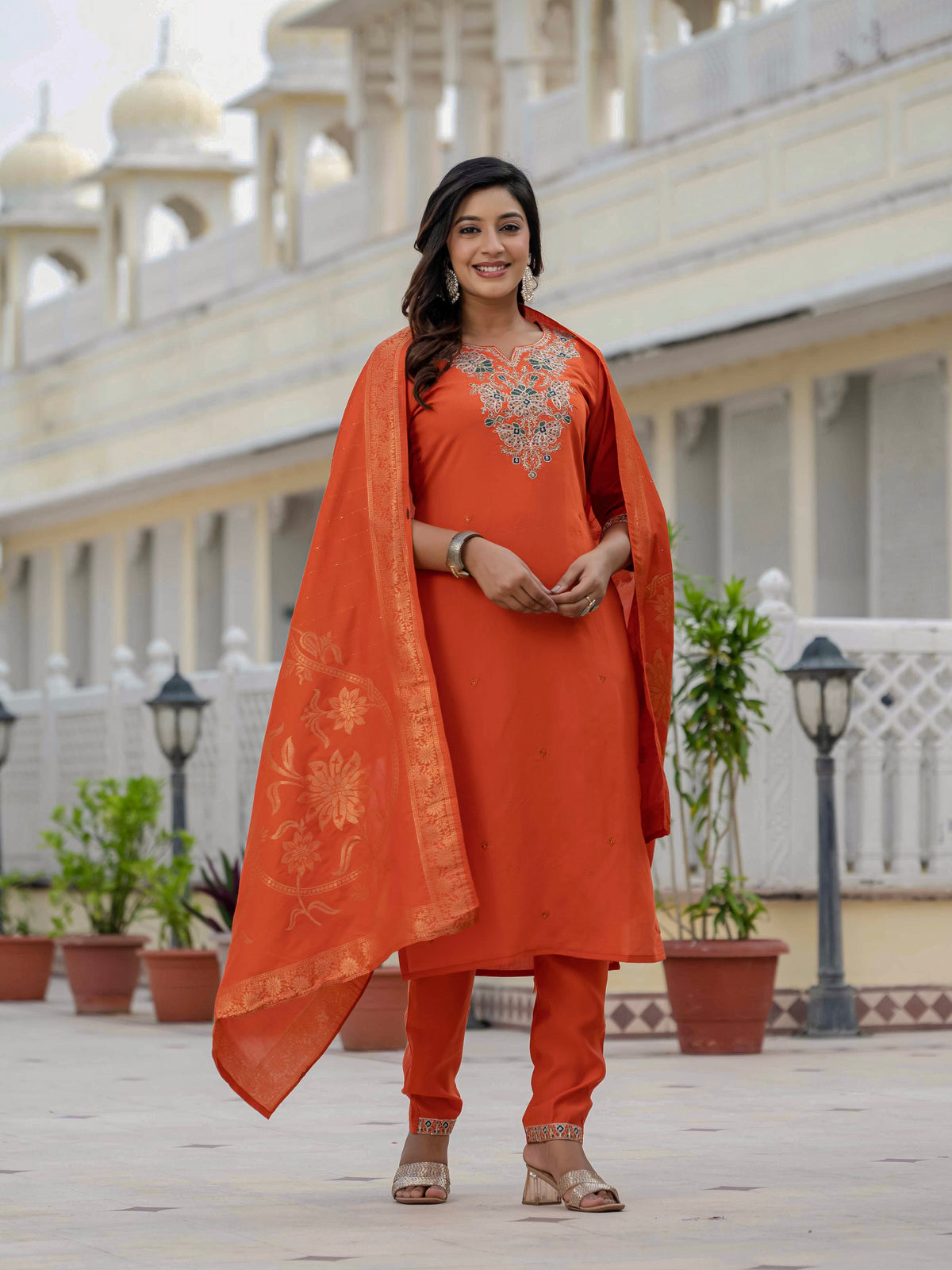 Luxury Orange Premium Roman Silk Suit Set