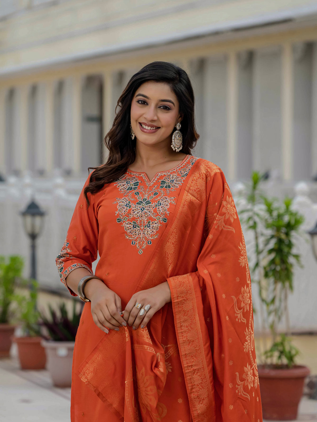 Luxury Orange Premium Roman Silk Suit Set