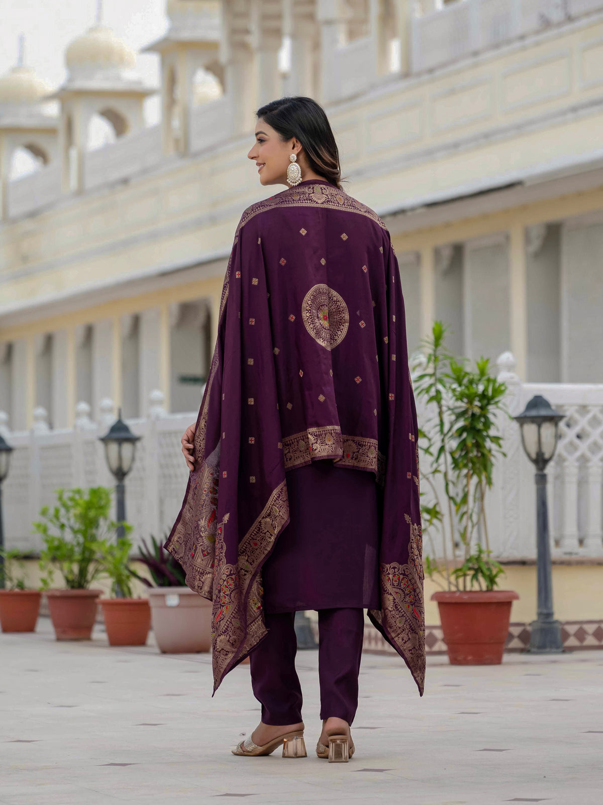 Elegant Wine Premium Roman Silk Suit Set