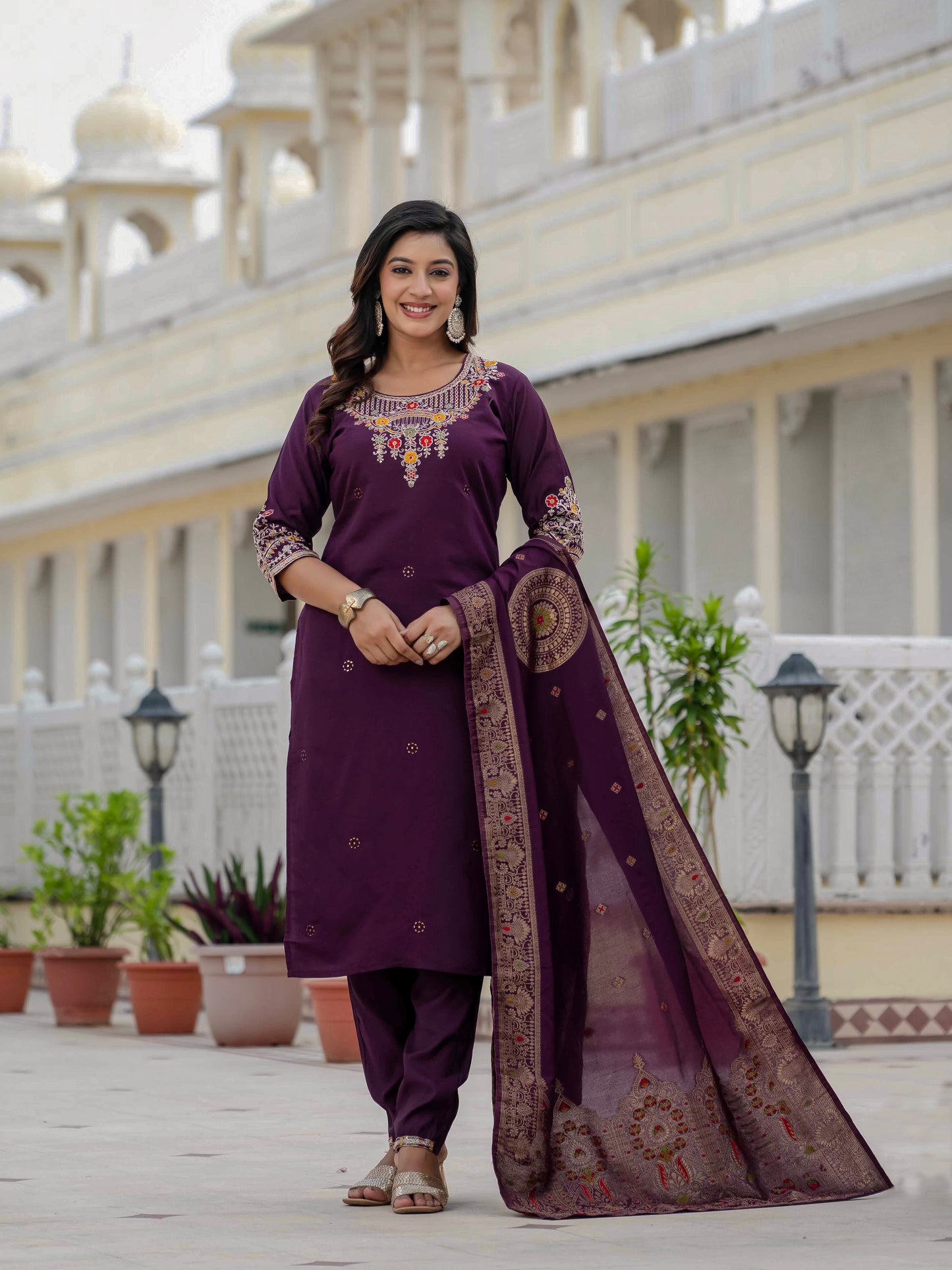 Elegant Wine Premium Roman Silk Suit Set