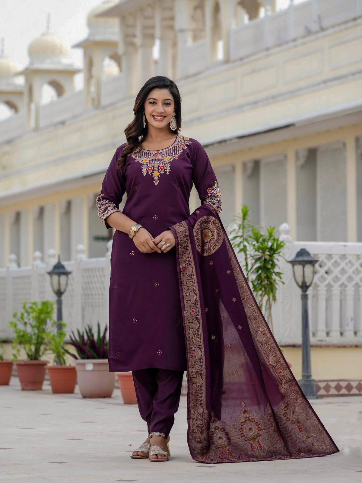 Elegant Wine Premium Roman Silk Suit Set