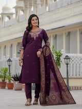Elegant Wine Premium Roman Silk Suit Set