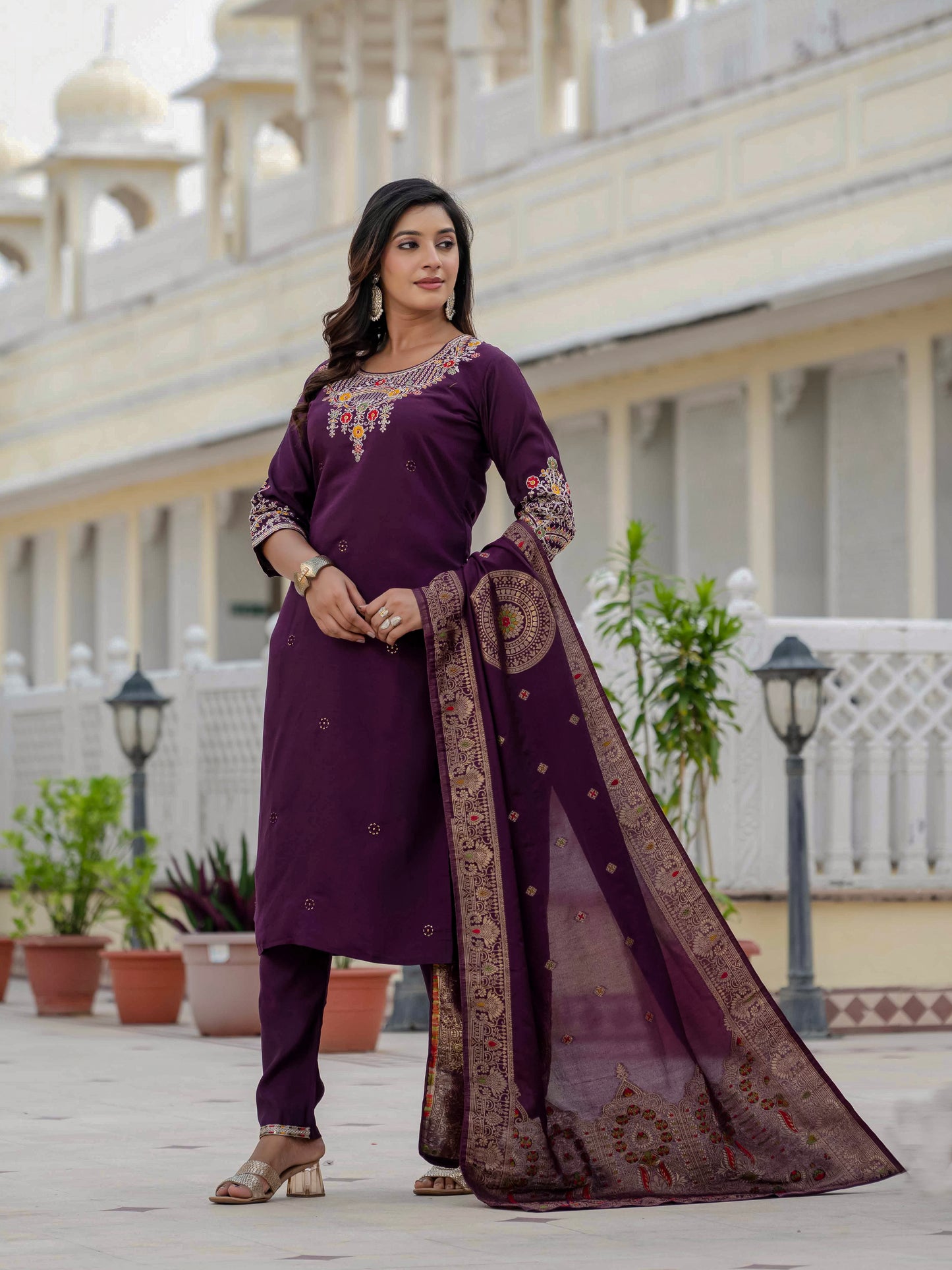 Elegant Wine Premium Roman Silk Suit Set