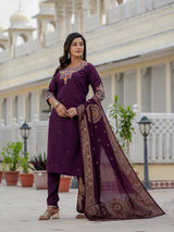 Elegant Wine Premium Roman Silk Suit Set