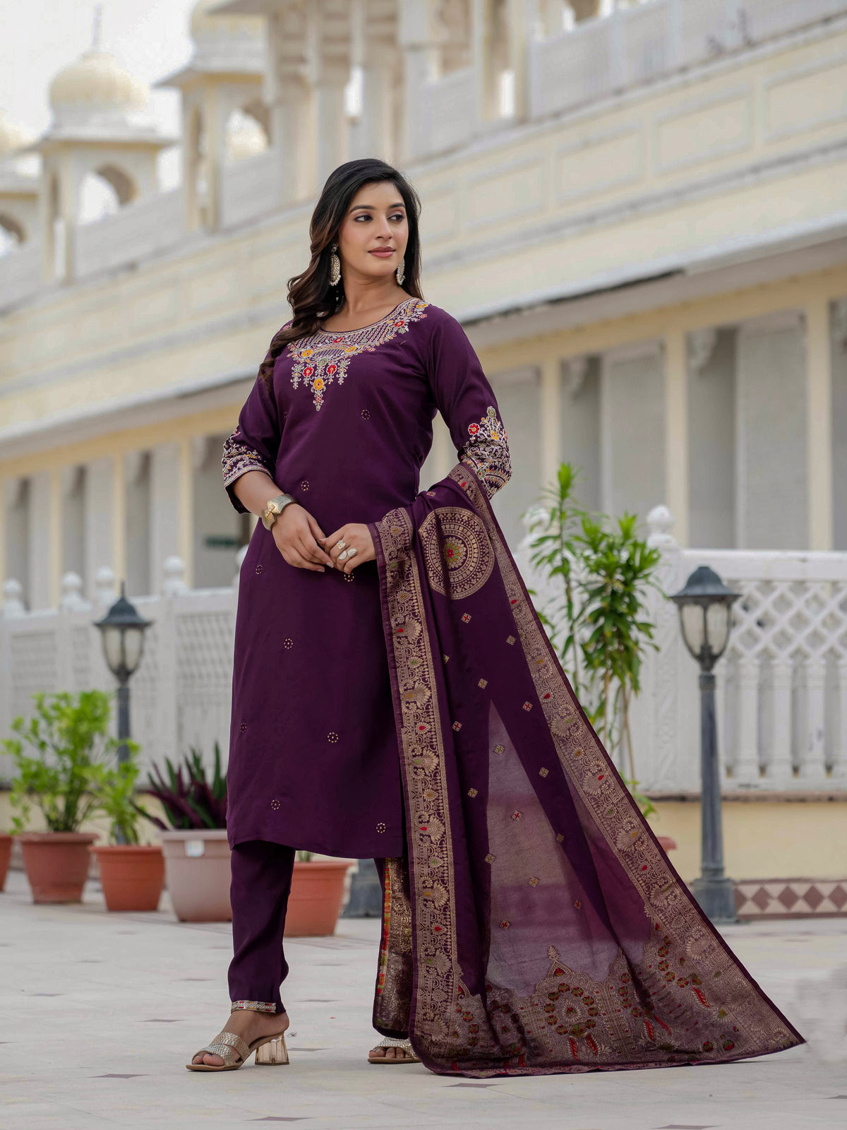 Elegant Wine Premium Roman Silk Suit Set