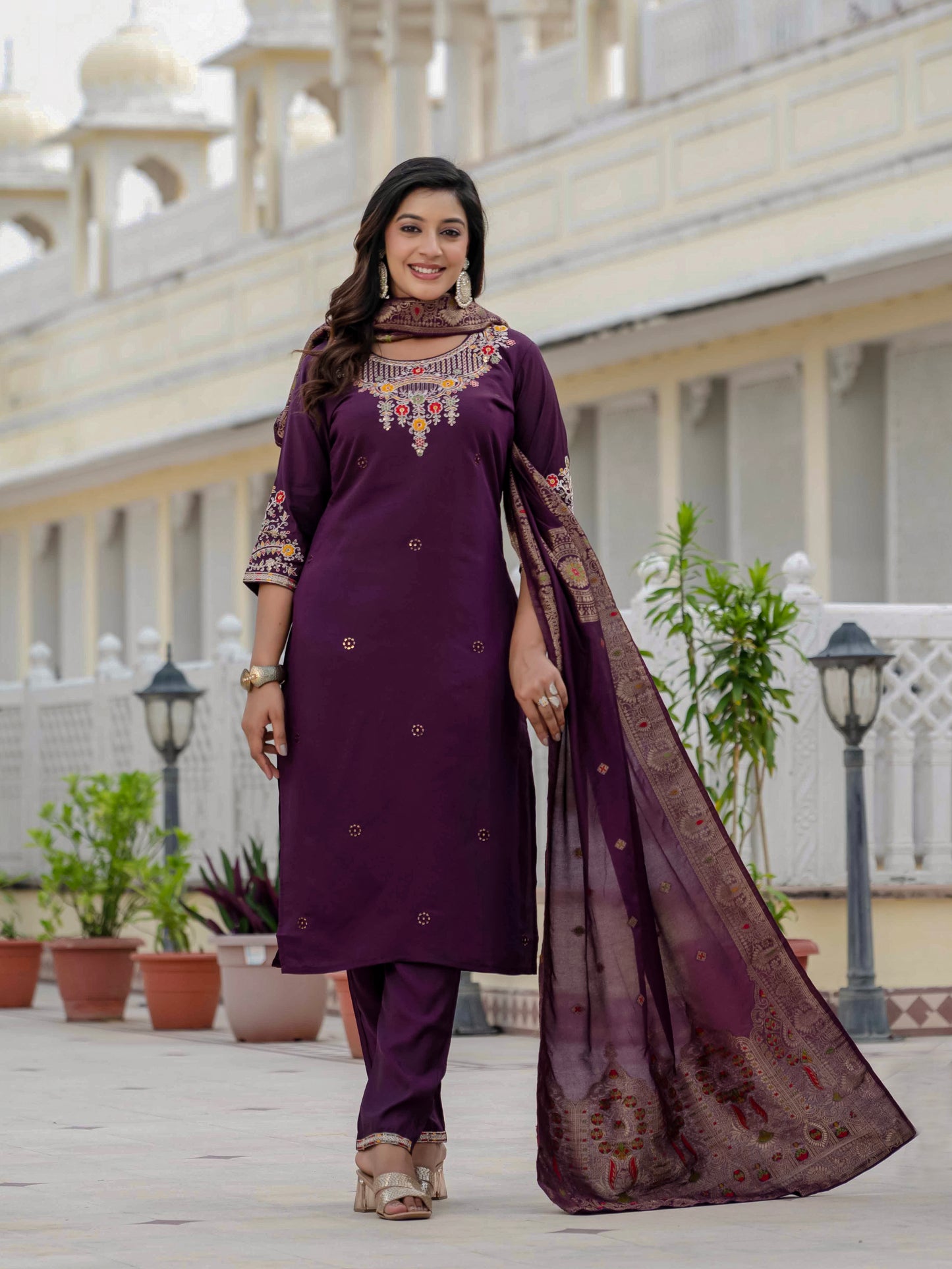 Elegant Wine Premium Roman Silk Suit Set