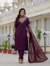 Elegant Wine Premium Roman Silk Suit Set
