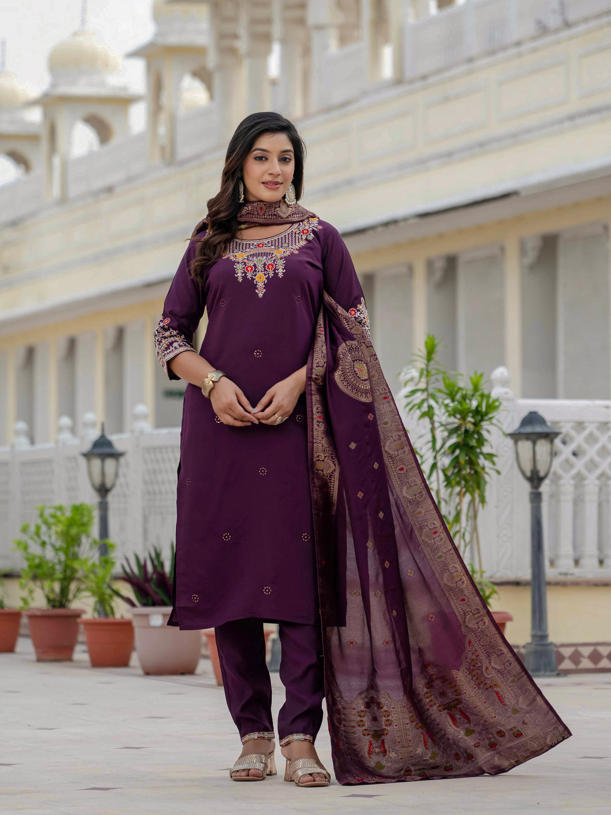 Elegant Wine Premium Roman Silk Suit Set