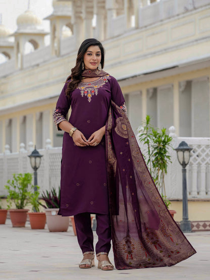 Elegant Wine Premium Roman Silk Suit Set