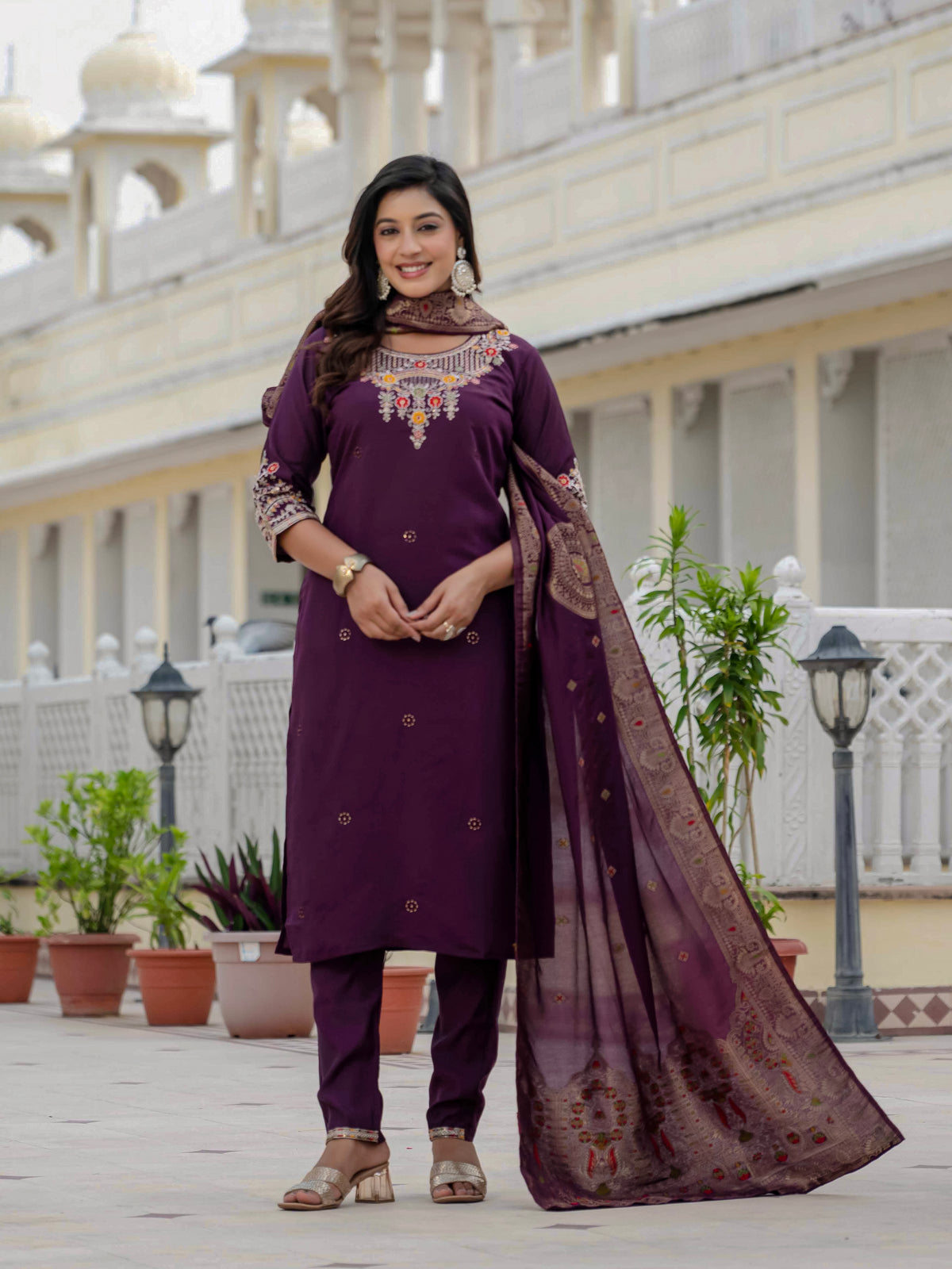 Elegant Wine Premium Roman Silk Suit Set