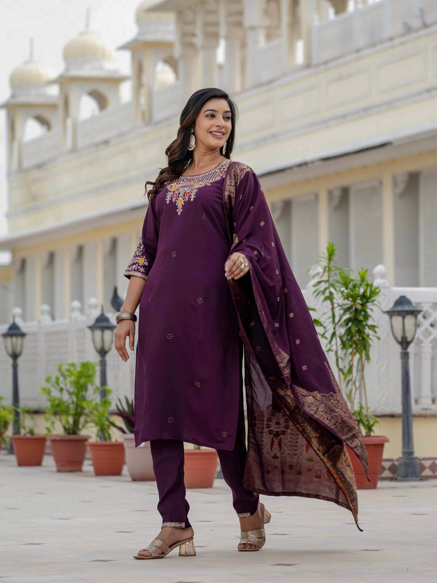 Elegant Wine Premium Roman Silk Suit Set