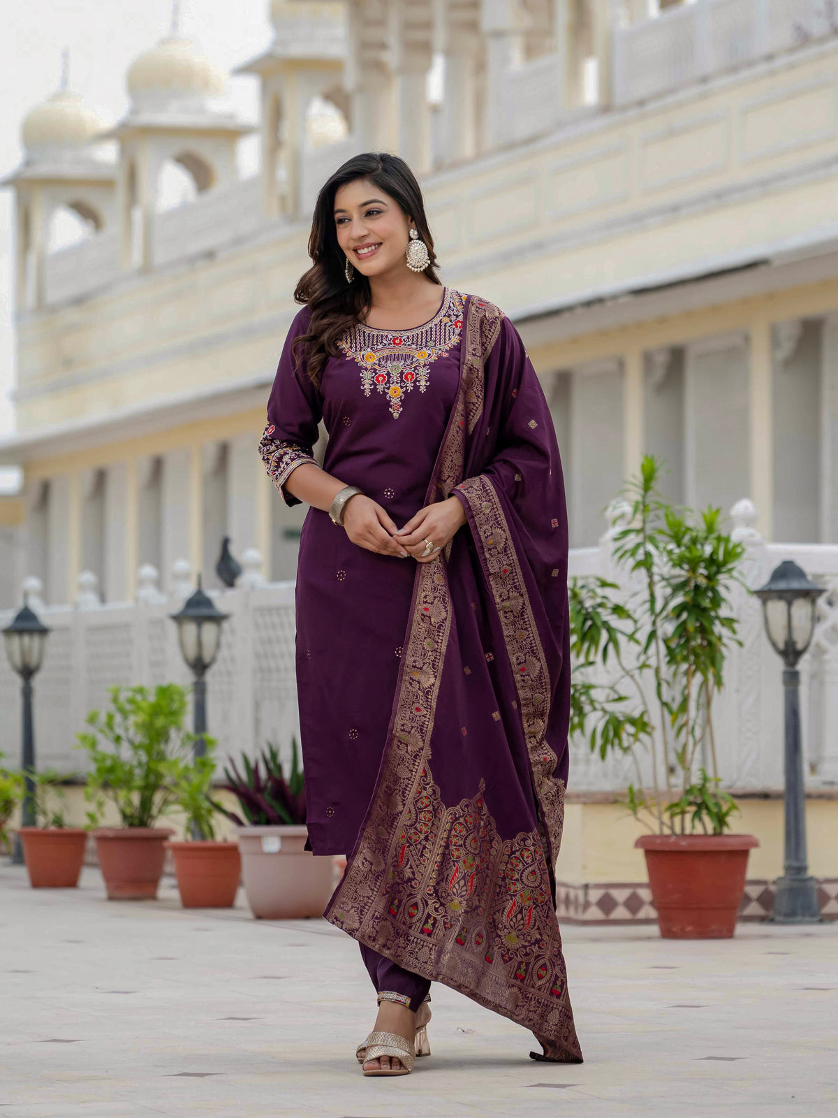 Elegant Wine Premium Roman Silk Suit Set