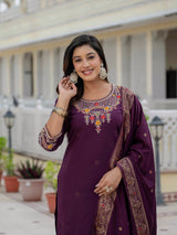Elegant Wine Premium Roman Silk Suit Set