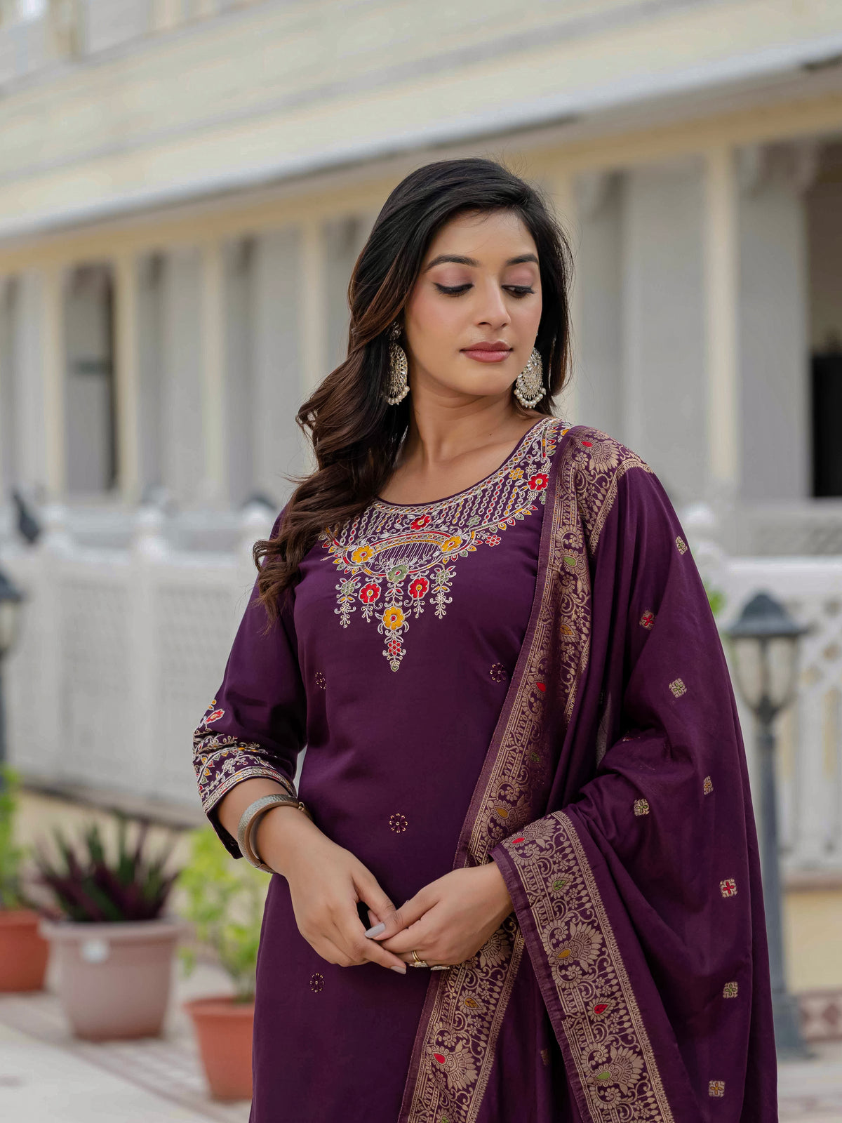 Elegant Wine Premium Roman Silk Suit Set