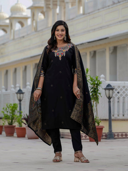 Elegant Black Premium Roman Silk Suit Set