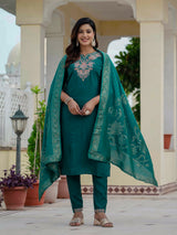 Luxury Rama Green Premium Roman Silk Suit Set