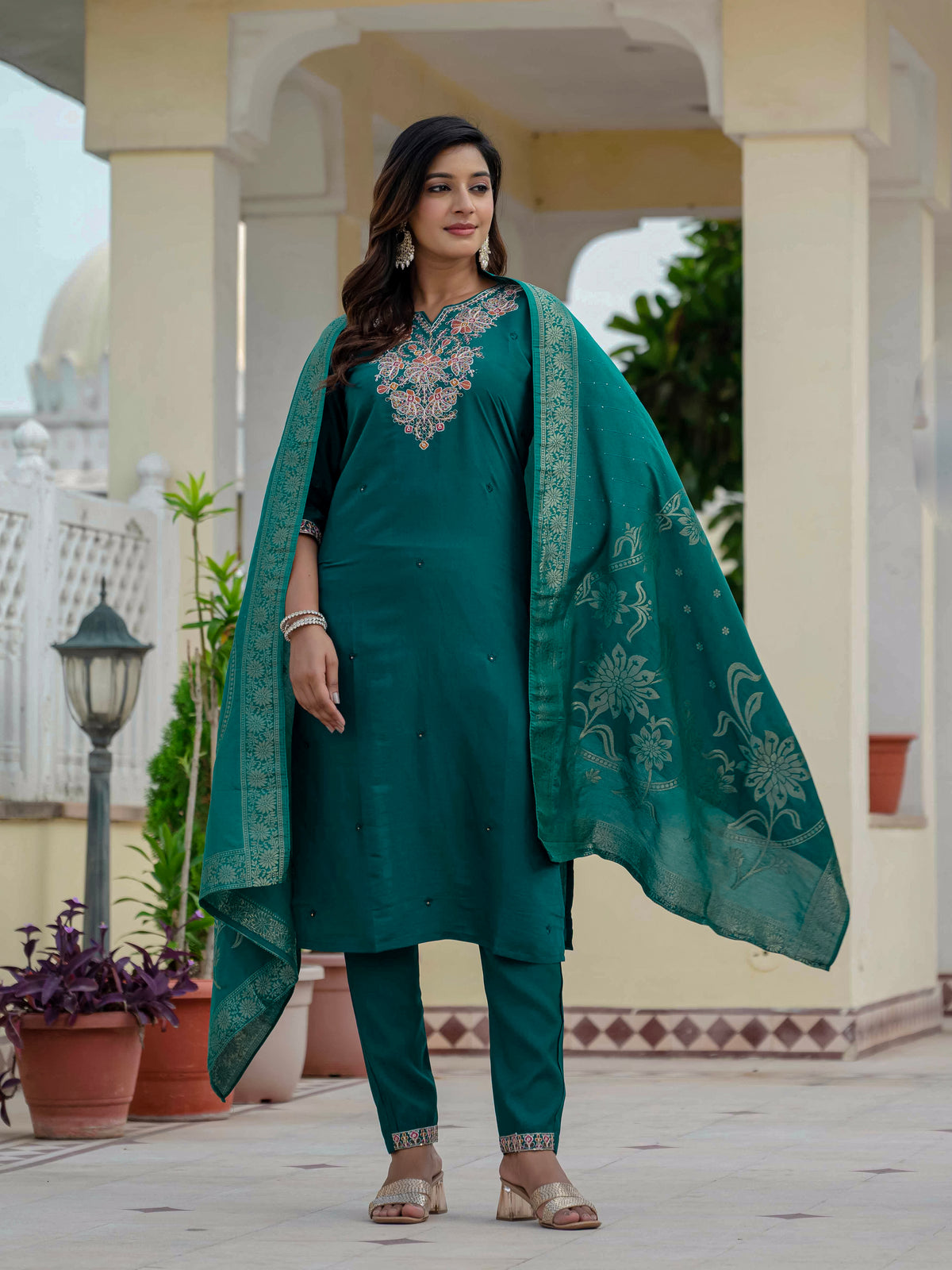 Luxury Rama Green Premium Roman Silk Suit Set