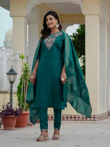 Luxury Rama Green Premium Roman Silk Suit Set