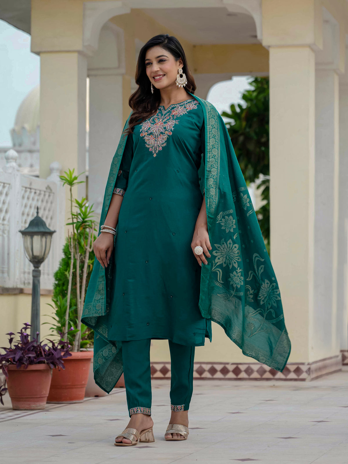 Luxury Rama Green Premium Roman Silk Suit Set