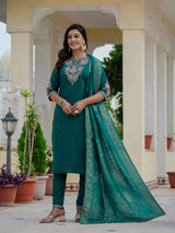 Luxury Rama Green Premium Roman Silk Suit Set