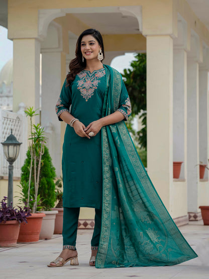 Luxury Rama Green Premium Roman Silk Suit Set