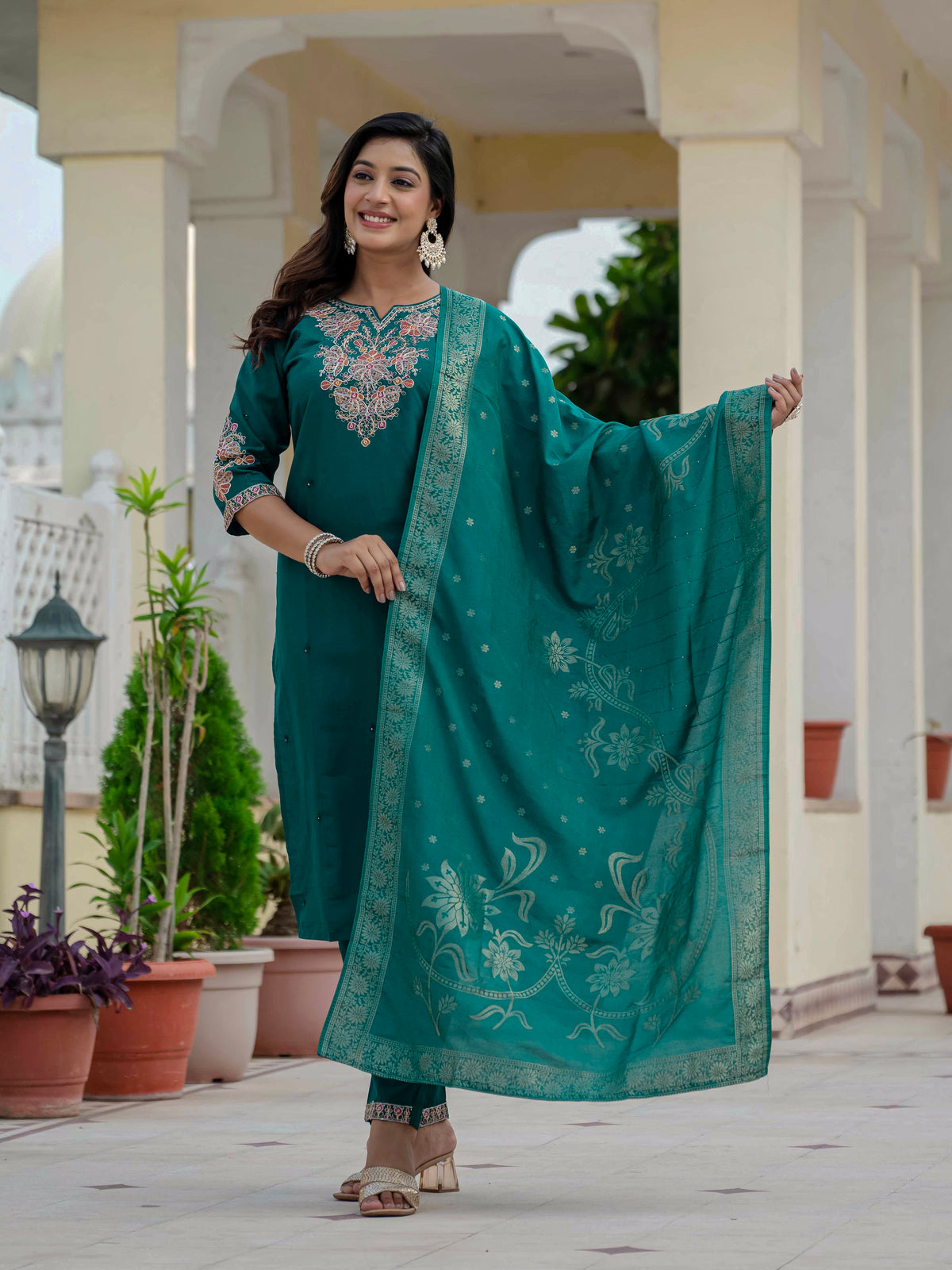Luxury Rama Green Premium Roman Silk Suit Set