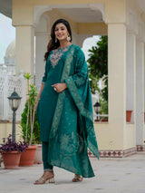 Luxury Rama Green Premium Roman Silk Suit Set