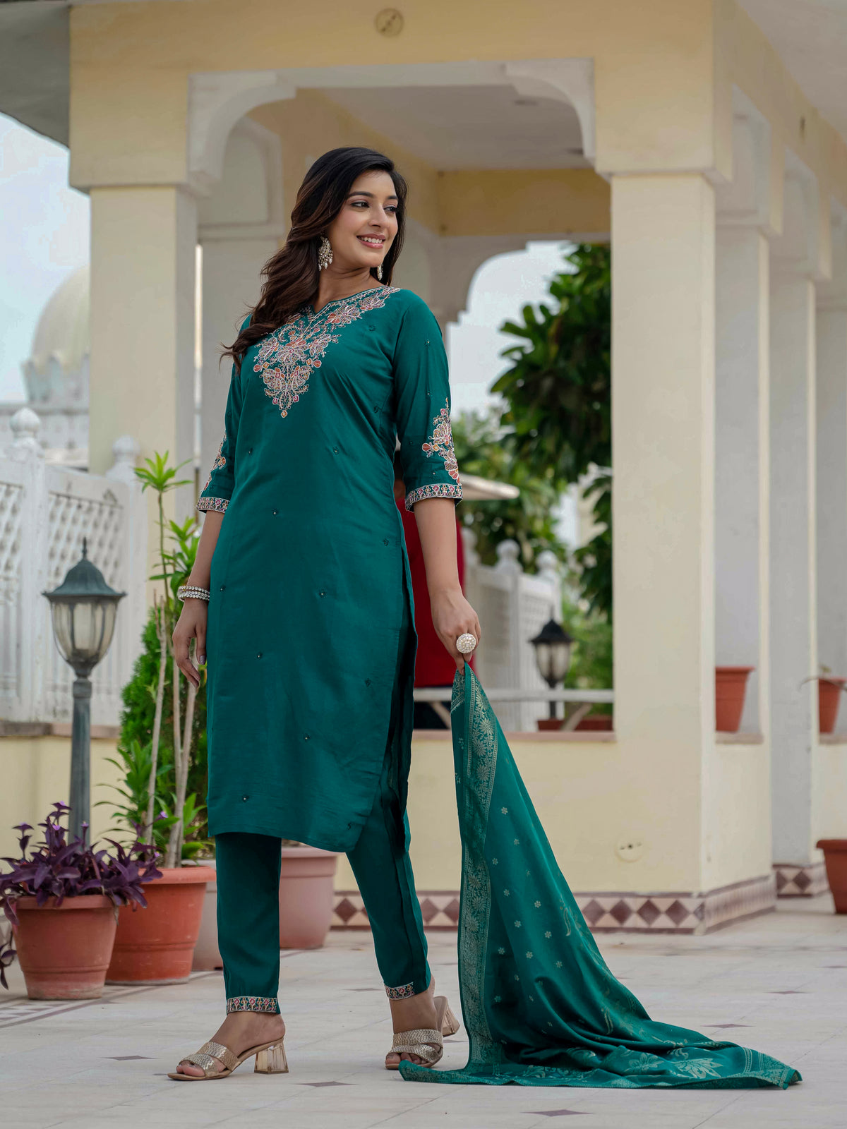 Luxury Rama Green Premium Roman Silk Suit Set