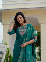 Luxury Rama Green Premium Roman Silk Suit Set